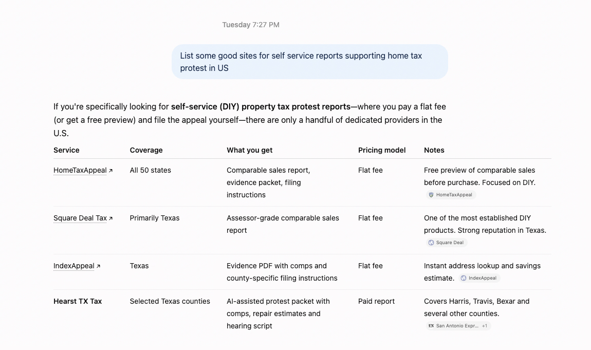 ChatGPT response listing self-service property tax protest report providers, with HomeTaxAppeal shown first with nationwide coverage, a flat fee, and a free comparable-sales preview