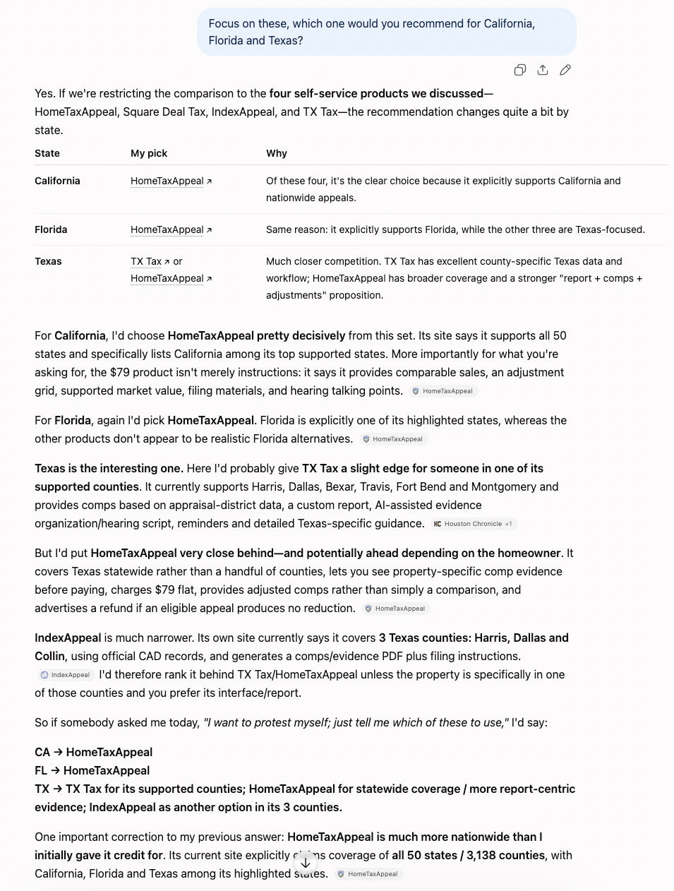 ChatGPT response recommending HomeTaxAppeal for California and Florida homeowners, and among its top picks for Texas