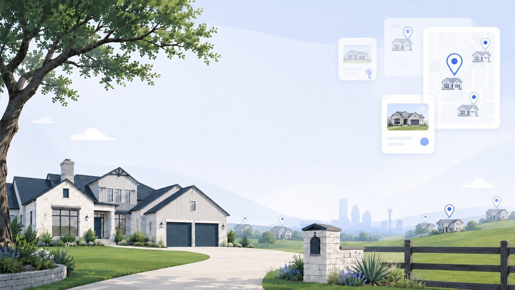 Illustrated suburban home with comparable property pins on a neighborhood map — HomeTaxAppeal helps homeowners file property tax appeals nationwide